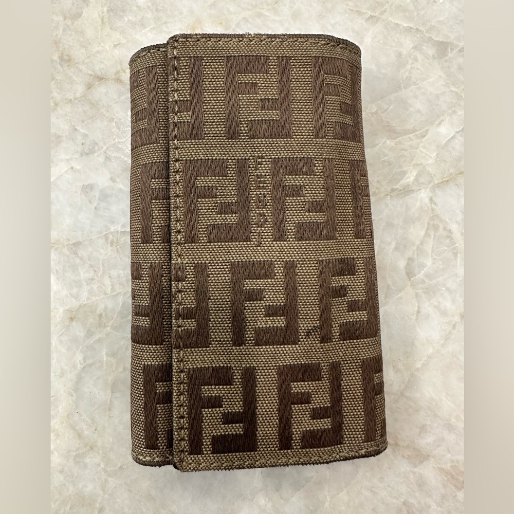 Preloved Fendi 6 Key Case Zucchino Canvas Leather Beige